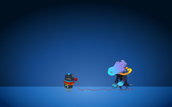Two cartoon creatures connected by a red string