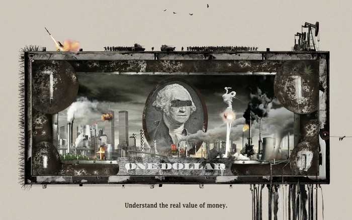 Collage of a dollar bill depicting war and industry