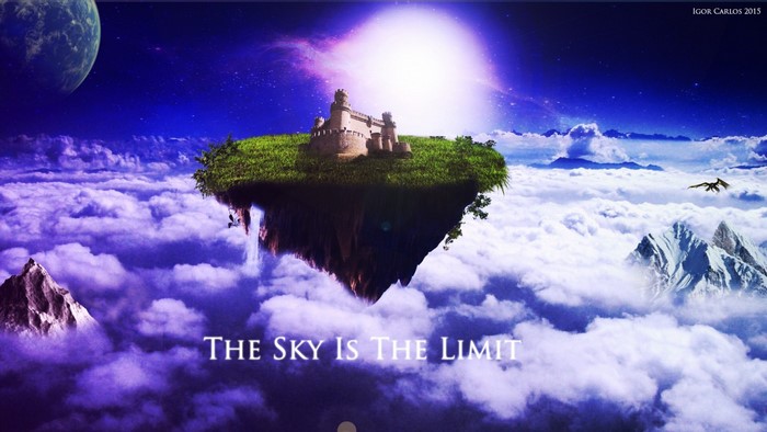 Floating island castle in the sky with dragons