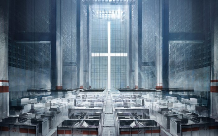 Futuristic glass building interior with a cross-shaped window