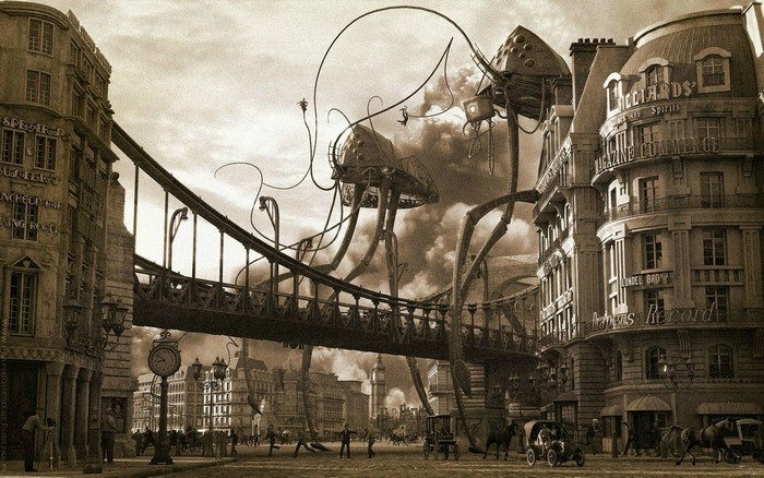 Alien tripods in a vintage city street