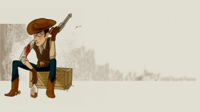 Sheriff Woody from Toy Story sitting with a gun and bottle