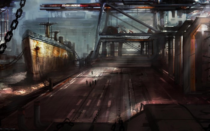 Rusty ship docked at a dark industrial shipyard with cranes