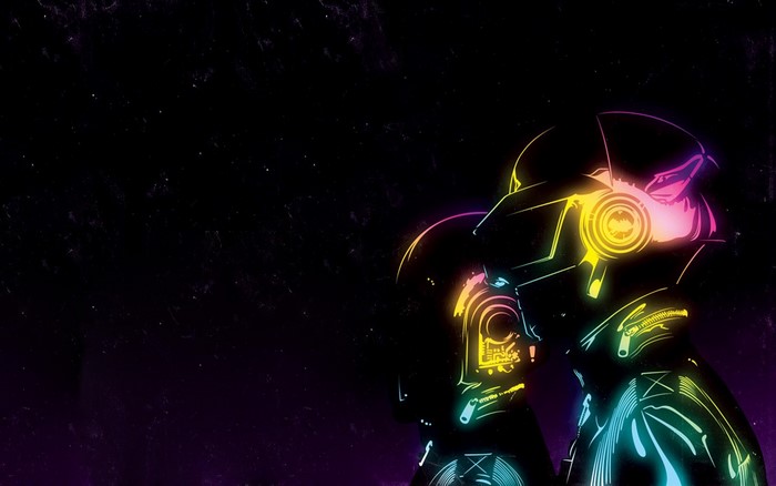 Daft Punk duo in neon outline against dark background