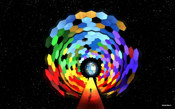 Man walks towards Earth through a colorful hexagonal tunnel in space