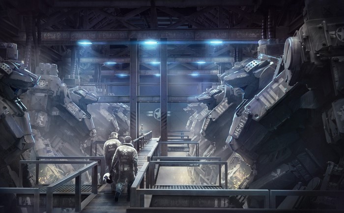 Mechs in a futuristic hangar with personnel
