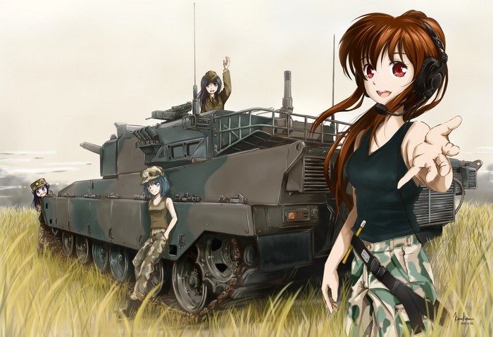 Anime girls with a tank in a field