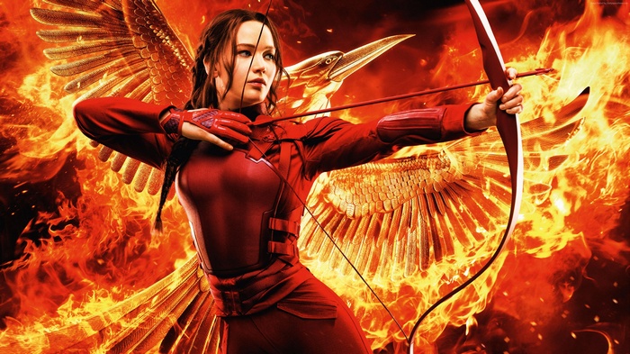 Katniss Everdeen from The Hunger Games with a bow and arrow