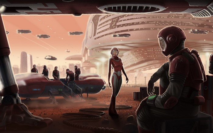 Astronauts on a futuristic Mars colony with spaceships