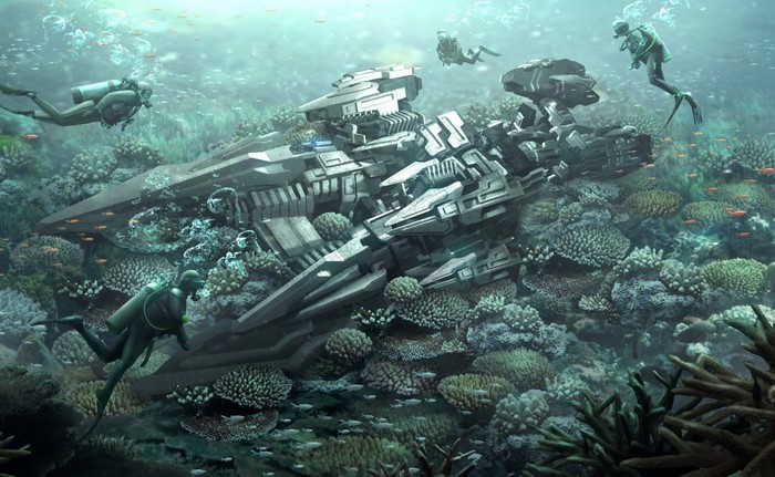 Futuristic spaceship wreck on a coral reef with divers