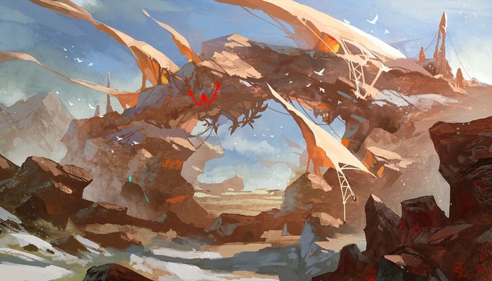 Futuristic desert landscape with rocky formations and structures