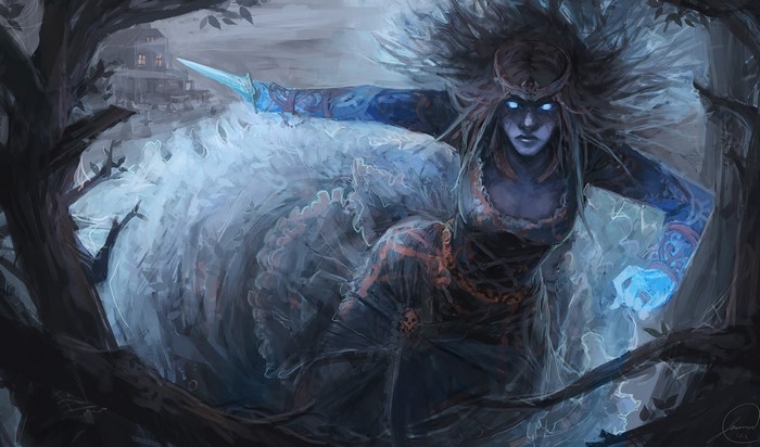 Ghostly woman with glowing eyes and sword in forest