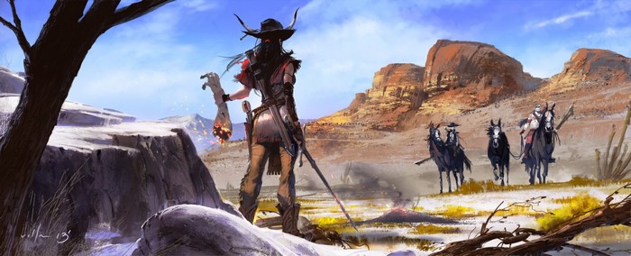 Fantasy Western landscape with figures on horseback