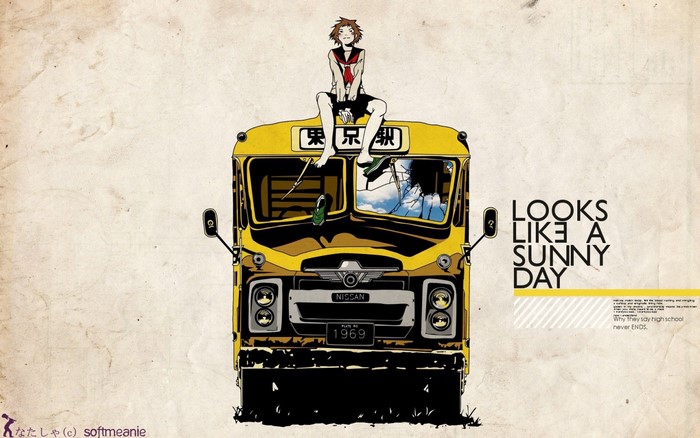 Anime girl sitting on a yellow Nissan bus