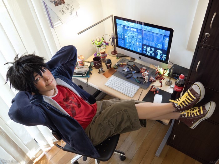 Hiro Hamada from Big Hero 6 cosplay at a desk