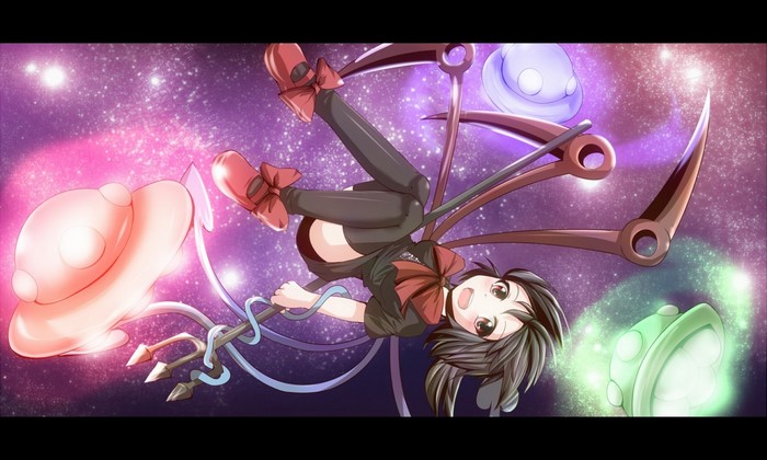 Anime girl with scythes and glowing orbs in space