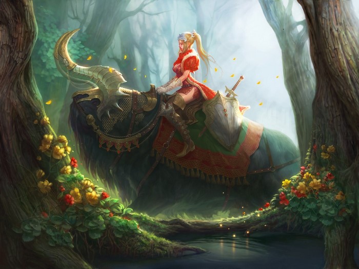 Fantasy woman riding a dragon in a forest