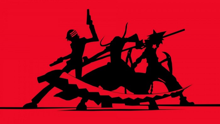 Silhouettes of Soul Eater characters on red background