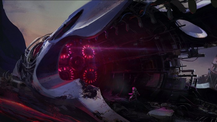 Spaceship engine with a lone figure