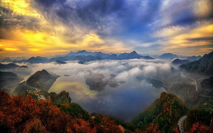 Sunset over Misty Mountain Lake in South Korea