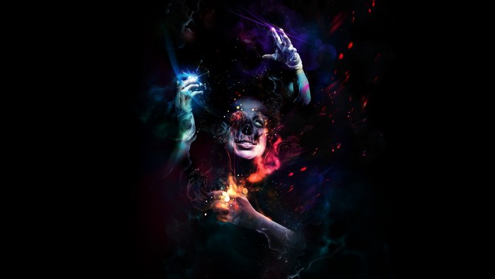 Abstract digital art with skull face and glowing hands