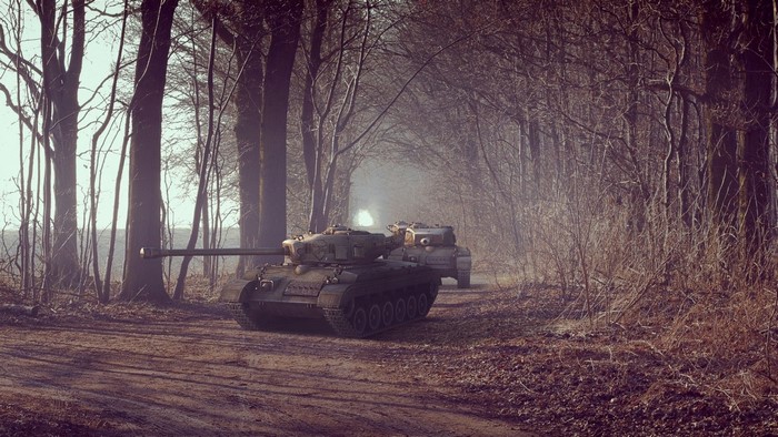 M26 Pershing tanks in a forest path