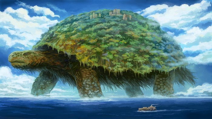 Giant turtle island with buildings and a ship