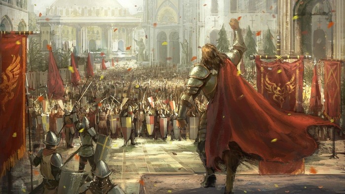 Knight in Armor Celebrates Victory with Army