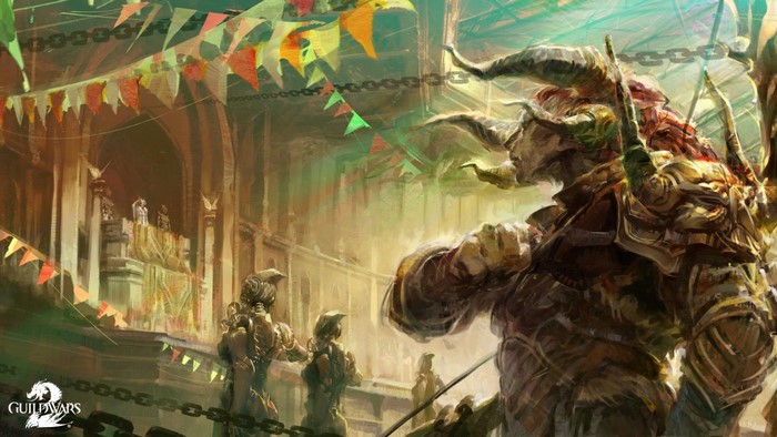 Guild Wars 2 character with horns in a marketplace