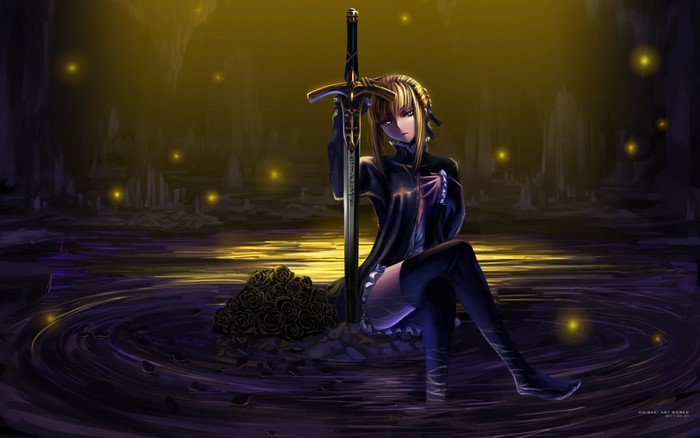 Saber from Fate/Stay Night with a sword in a dark cave