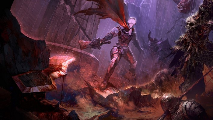 Fantasy warrior fighting monsters in a ruined landscape