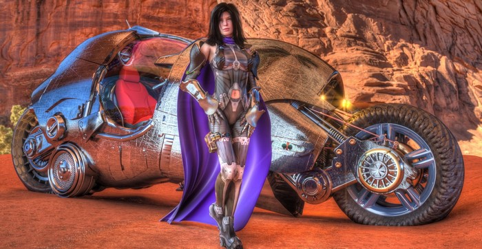 Woman in sci-fi armor with futuristic motorcycle in desert