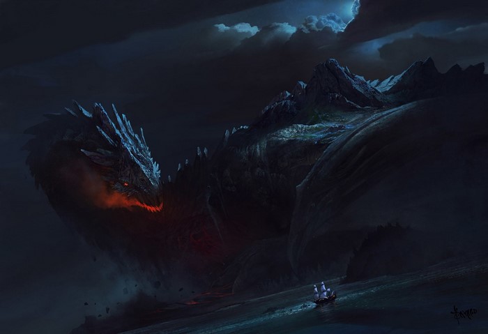 Dragon over a mountain landscape with a sailing ship