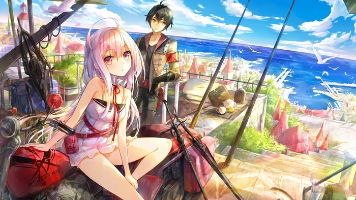 Anime couple on a balcony overlooking a coastal town