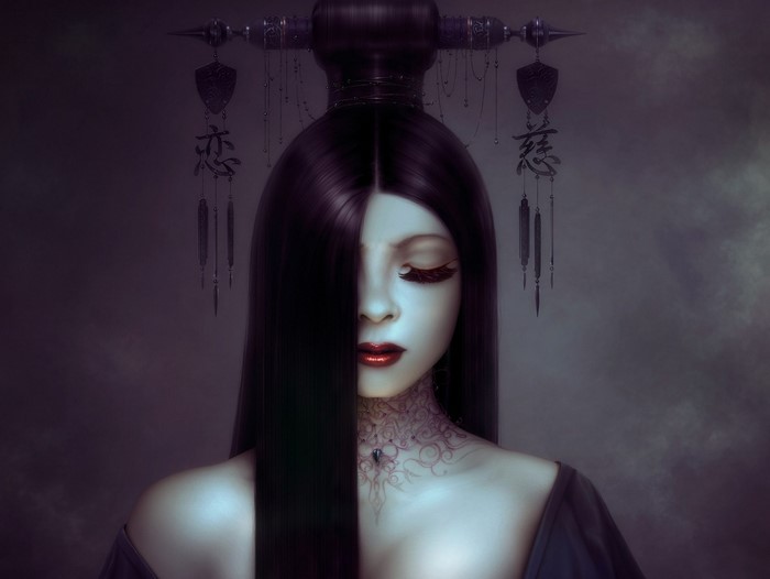 Fantasy art of a woman with dark hair and ornate headdress