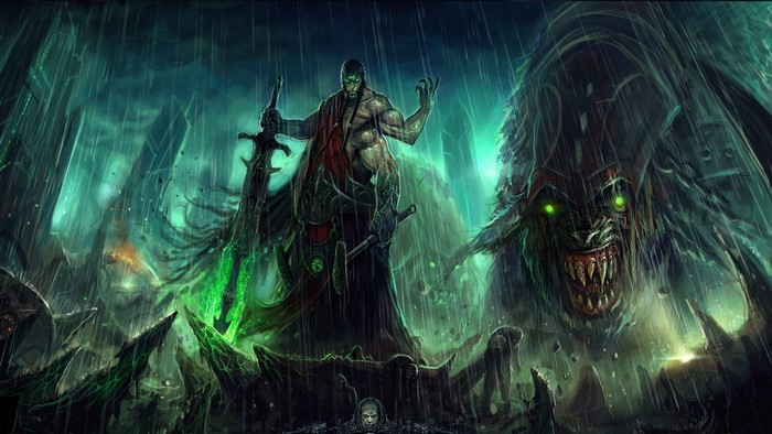 Fantasy art of a grim warrior and a monster in the rain