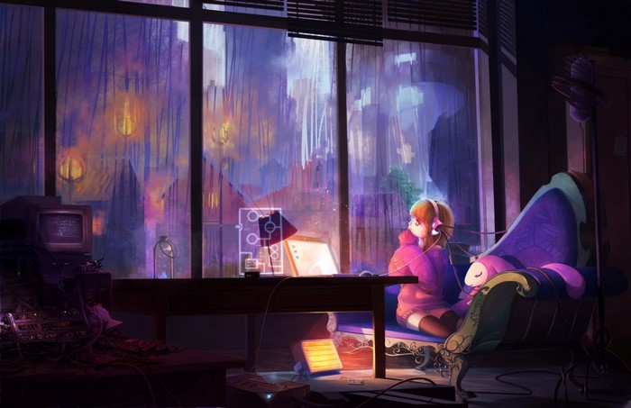 Anime girl with headphones at a desk by the window
