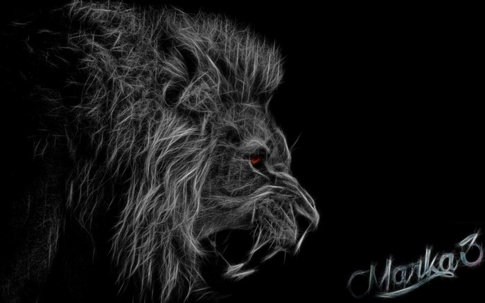 Monochrome fractal illustration of a lion with red eyes