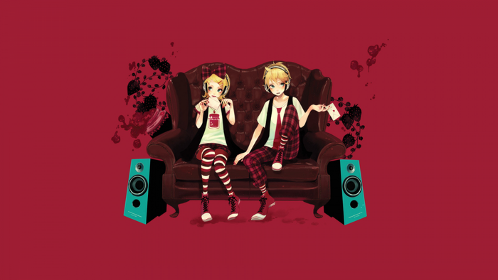Kagamine Rin and Kagamine Len from Vocaloid on a couch with speakers