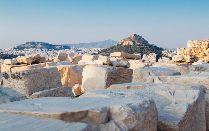 Ancient Ruins and Cityscape with Lycabettus Hill, Athens
