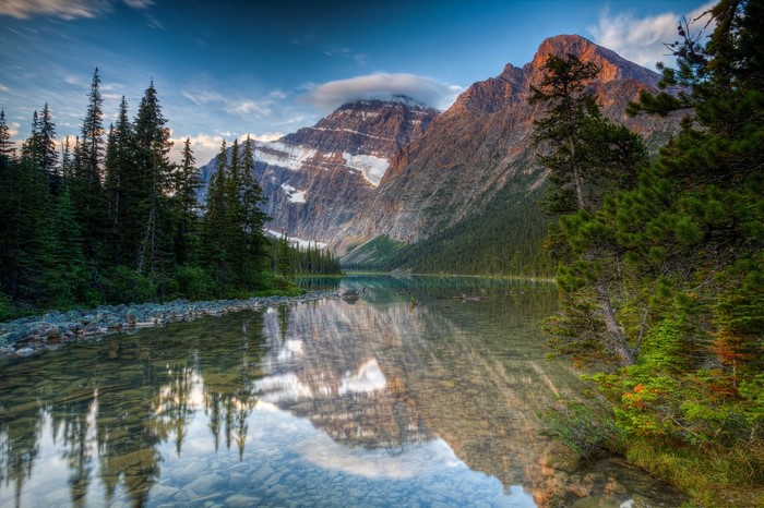 Mountain lake reflection with pine trees and snow-capped peaks