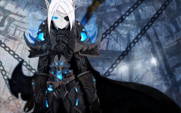 Anime character in World of Warcraft armor with an eyepatch