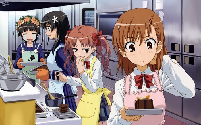 Anime girls baking cakes in a kitchen