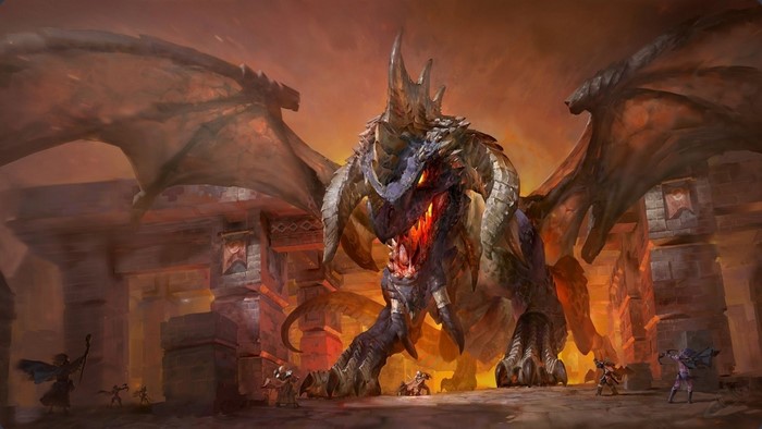 Dragon in ancient ruins with adventurers