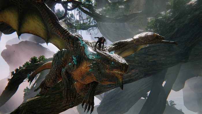 Dragon with a rider in a fantasy forest