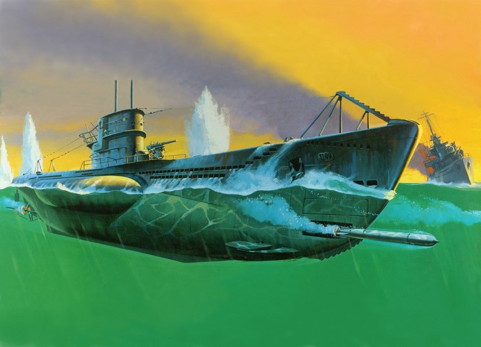 Submarine fires torpedo at a sinking ship
