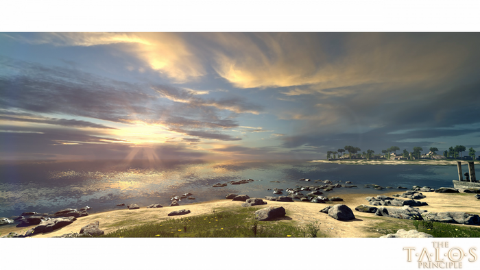 The Talos Principle: Sunset over the sea with a distant island