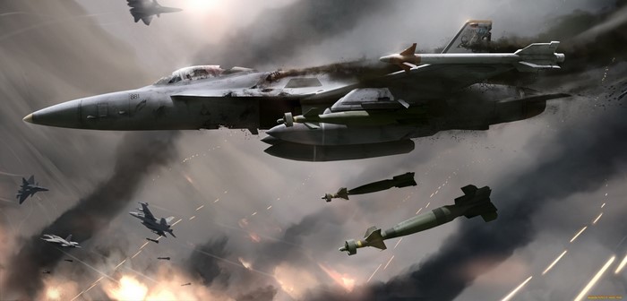 Fighter jets in aerial combat dropping bombs