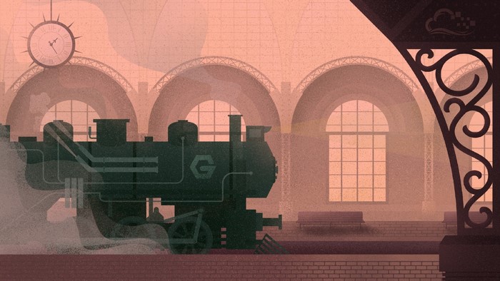Steam locomotive at a train station with clock