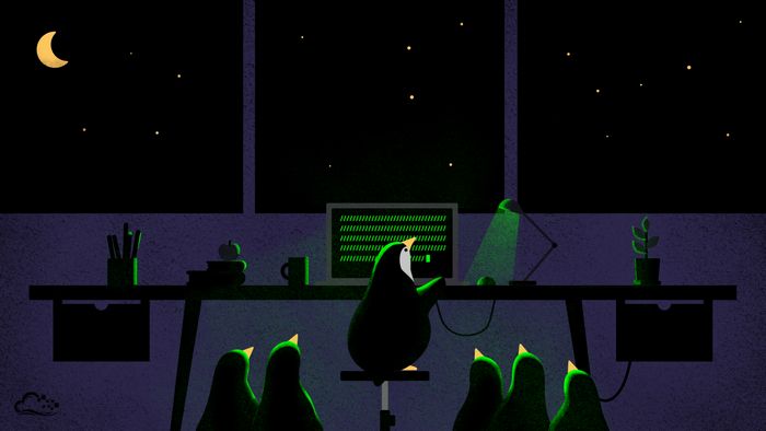 Tux the penguin coding at night with other penguins